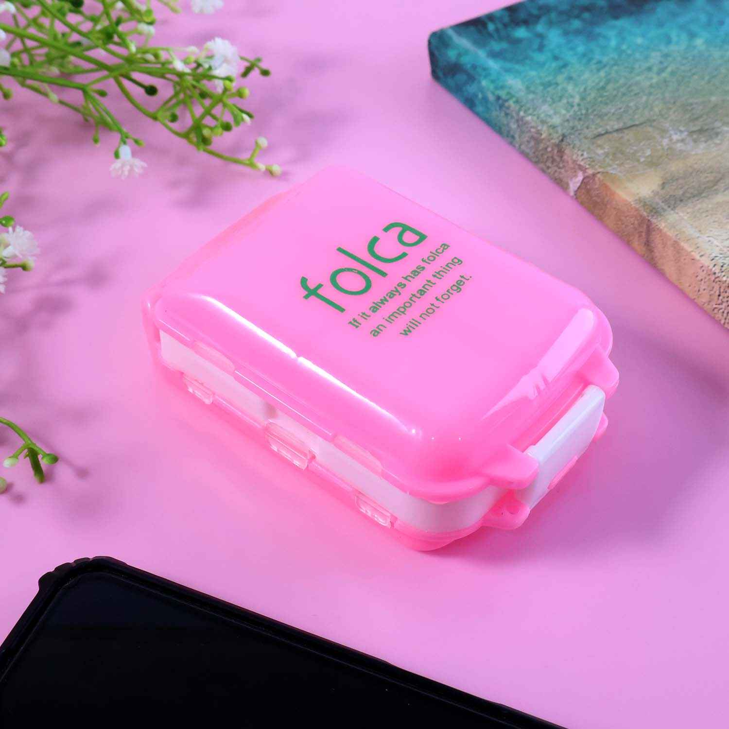 Pink Dual-Sided Pill Organizer – 8-Compartment Portable Case