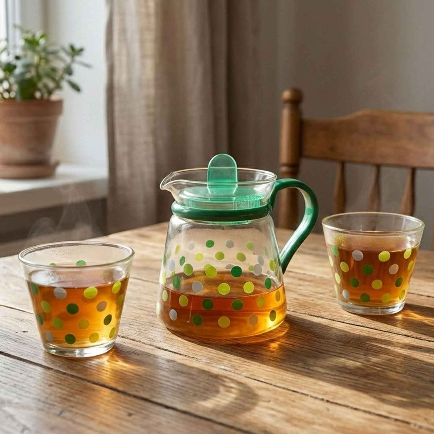 Glass Tea Pot Set – Elegant Polka Dot Design with Matching Cups