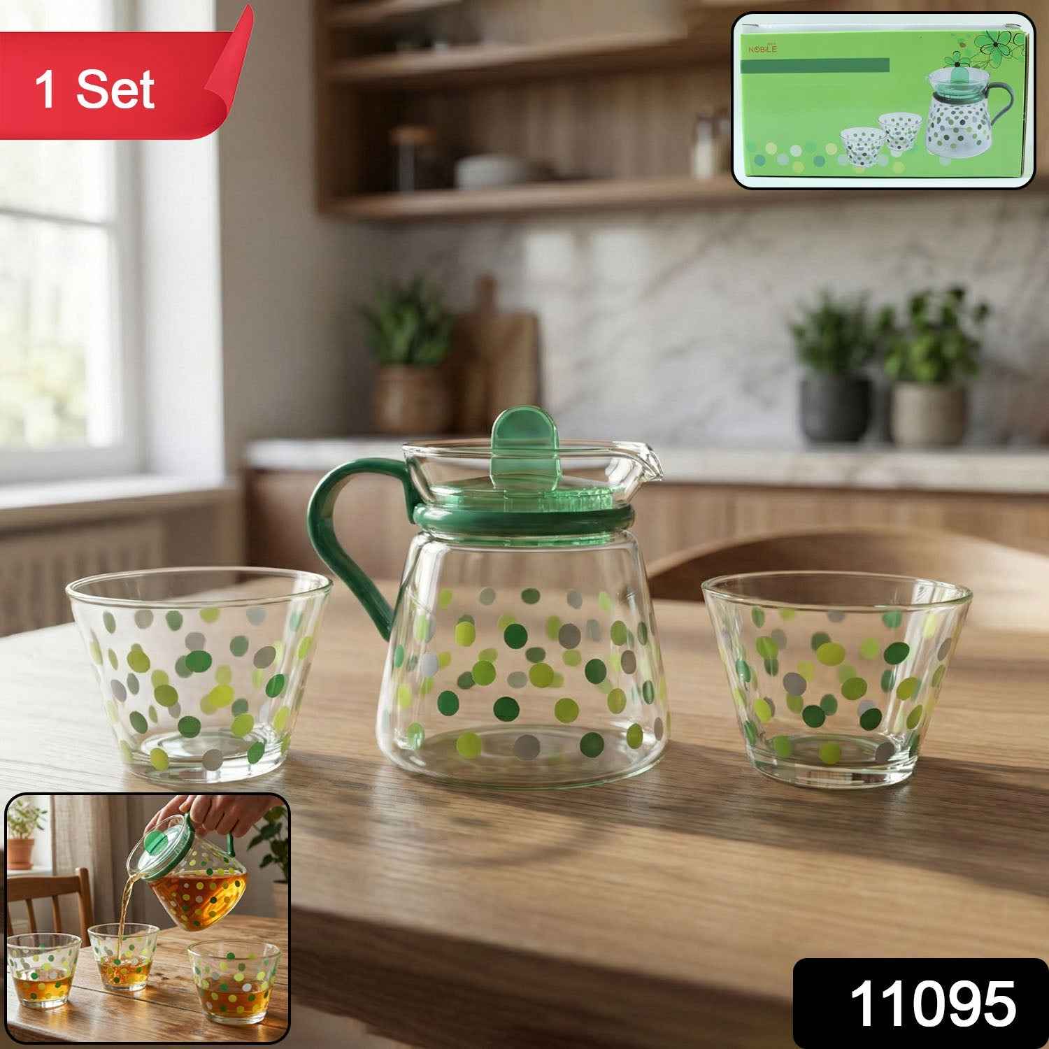 Glass Tea Pot Set – Elegant Polka Dot Design with Matching Cups