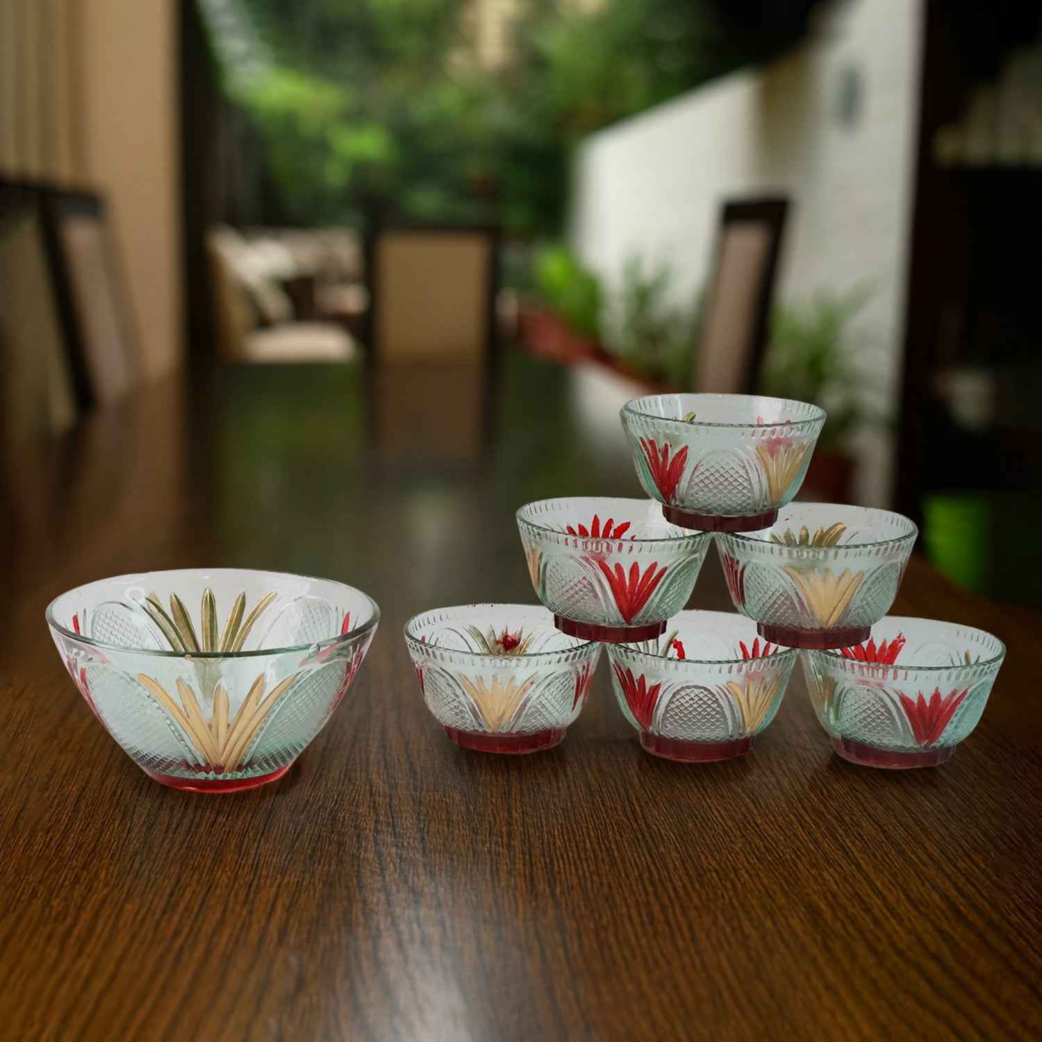 Glass Dessert Bowl Set – 7 Pc Rose Design | Serve Stellar