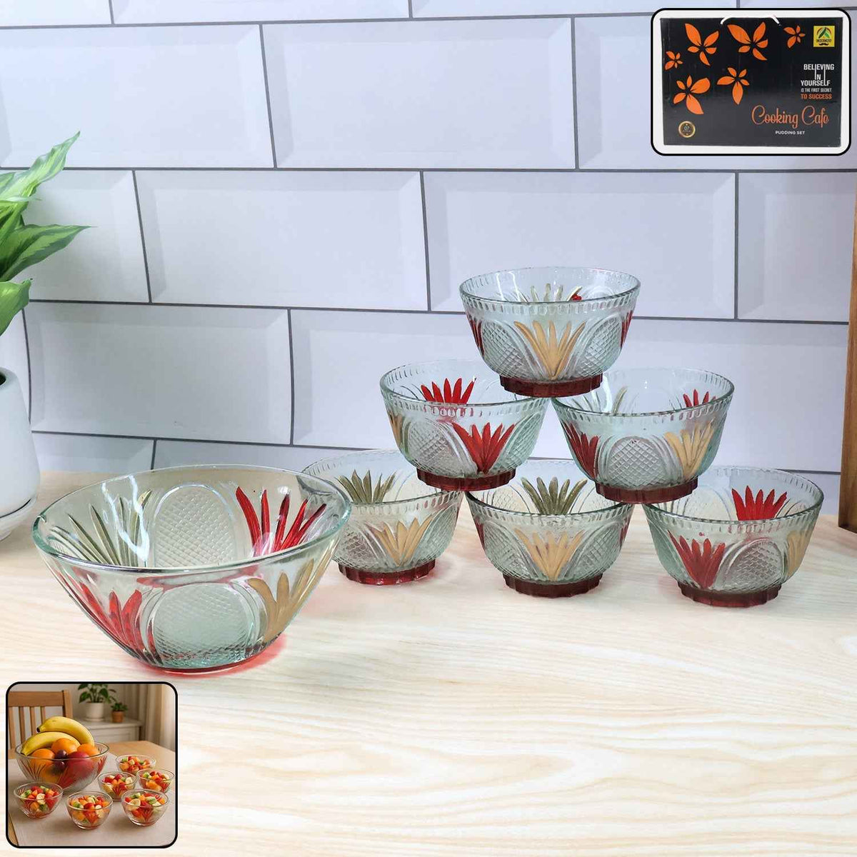 Glass Dessert Bowl Set – 7 Pc Rose Design | Serve Stellar