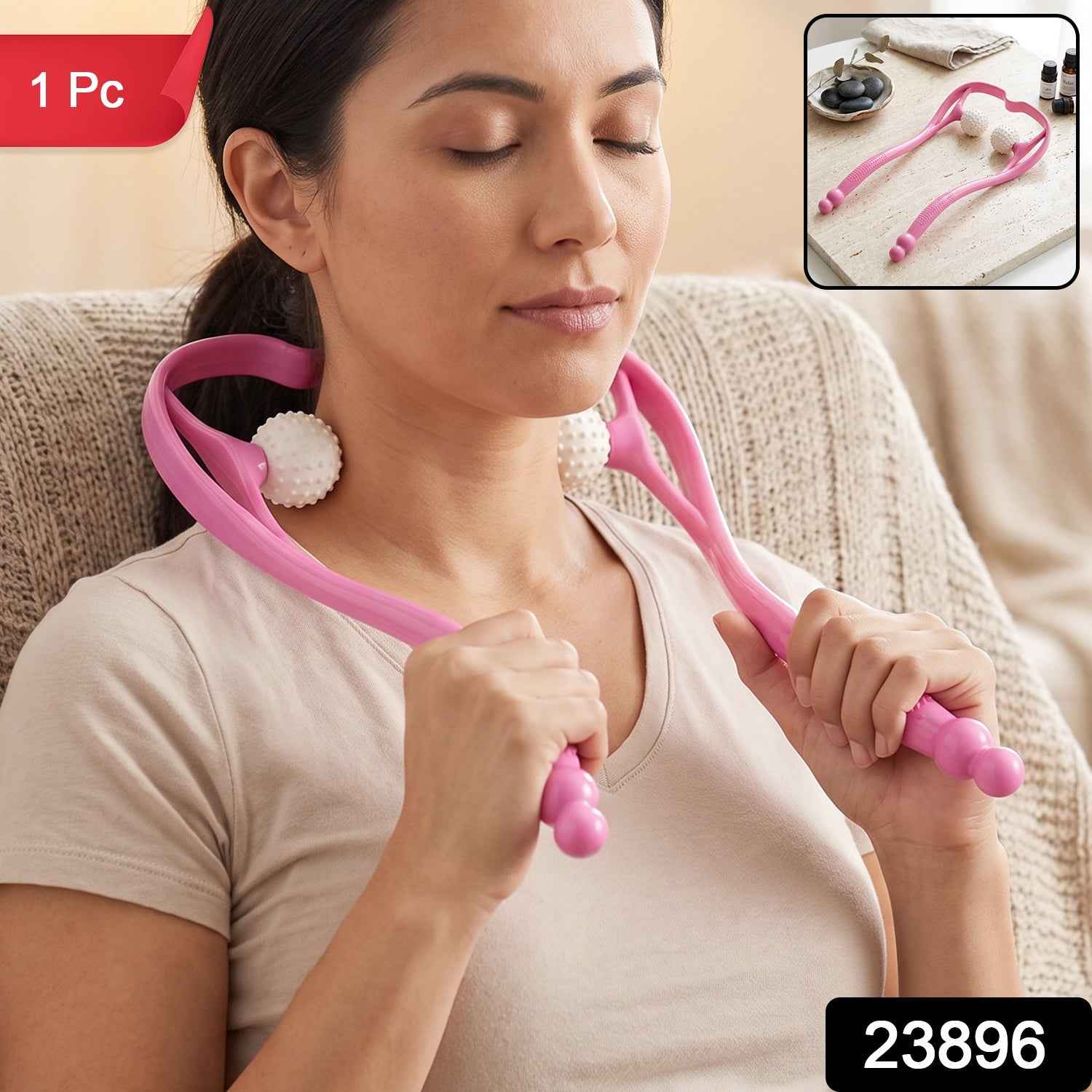 Manual Pink Neck Shoulder Massager with Spiky Ball for Pain Relief (1 Pc)