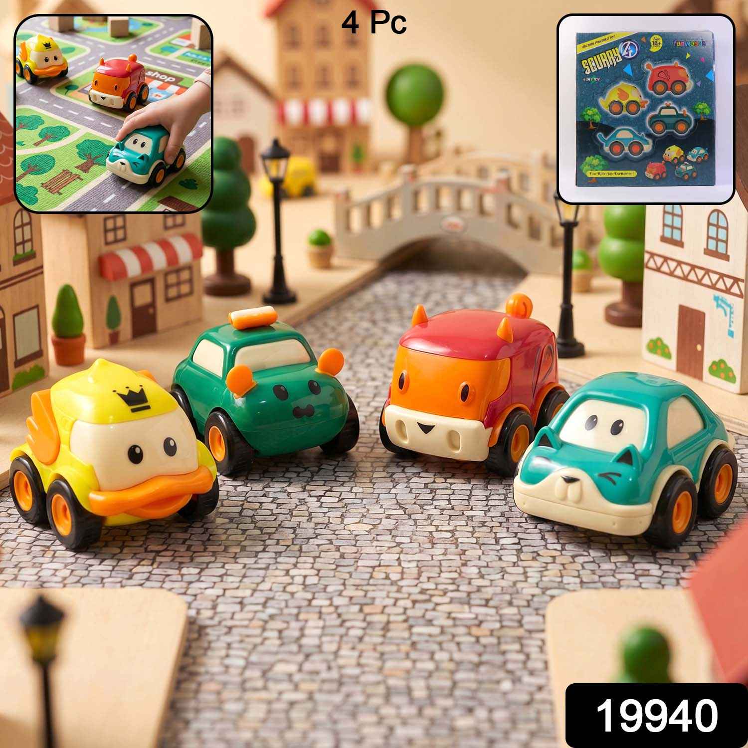Animal Cartoon Pull-Back Toy Car Set – 4 Vibrant Mini Vehicles