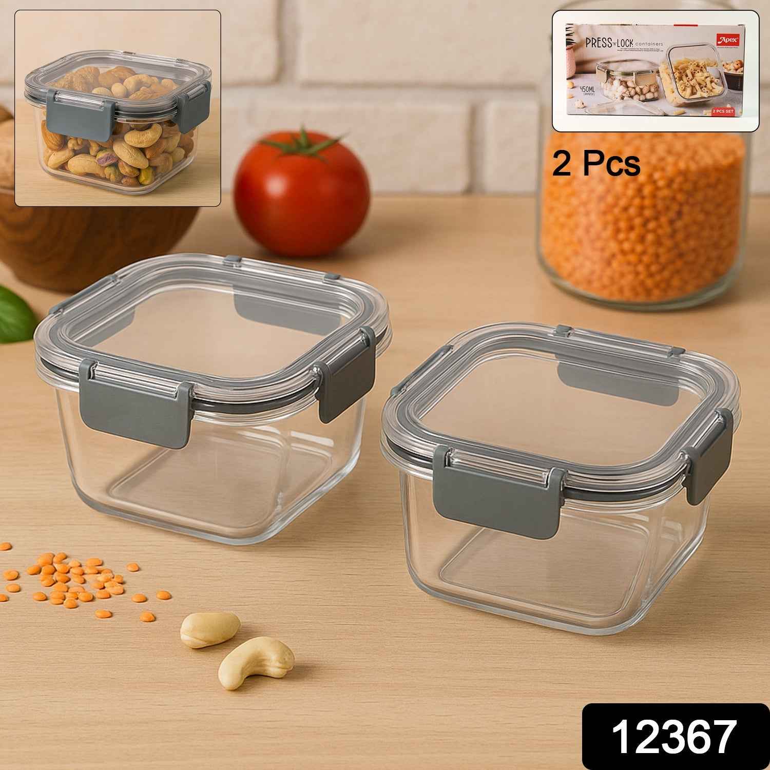Airtight Food Storage Containers – 2Pc 540ML Press N’ Lock