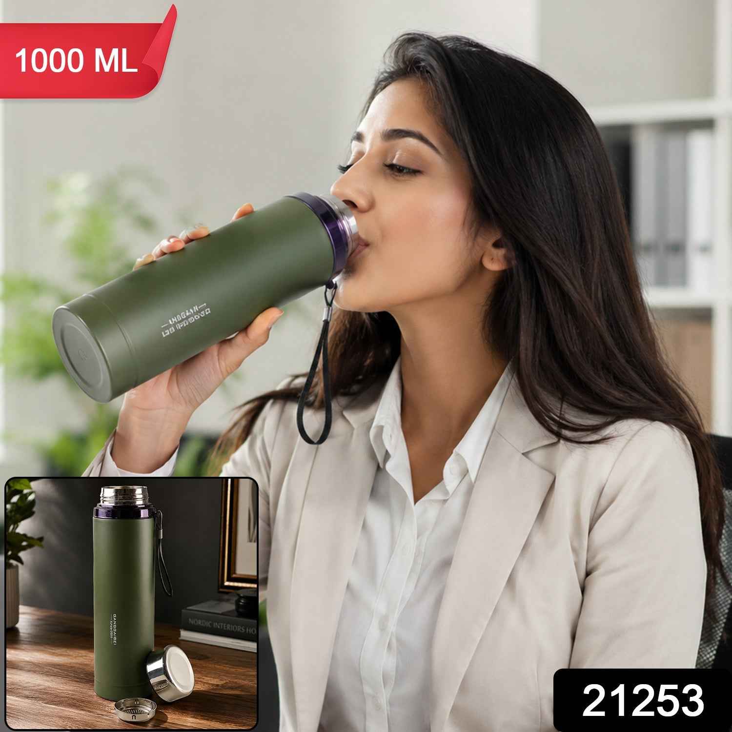 Vacuum Insulated Water Bottle 1000ml, Steel Hot and Cold Flask with Cup Lid (1 Pc)