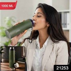Vacuum Insulated Water Bottle 1000ml, Steel Hot and Cold Flask with Cup Lid (1 Pc)