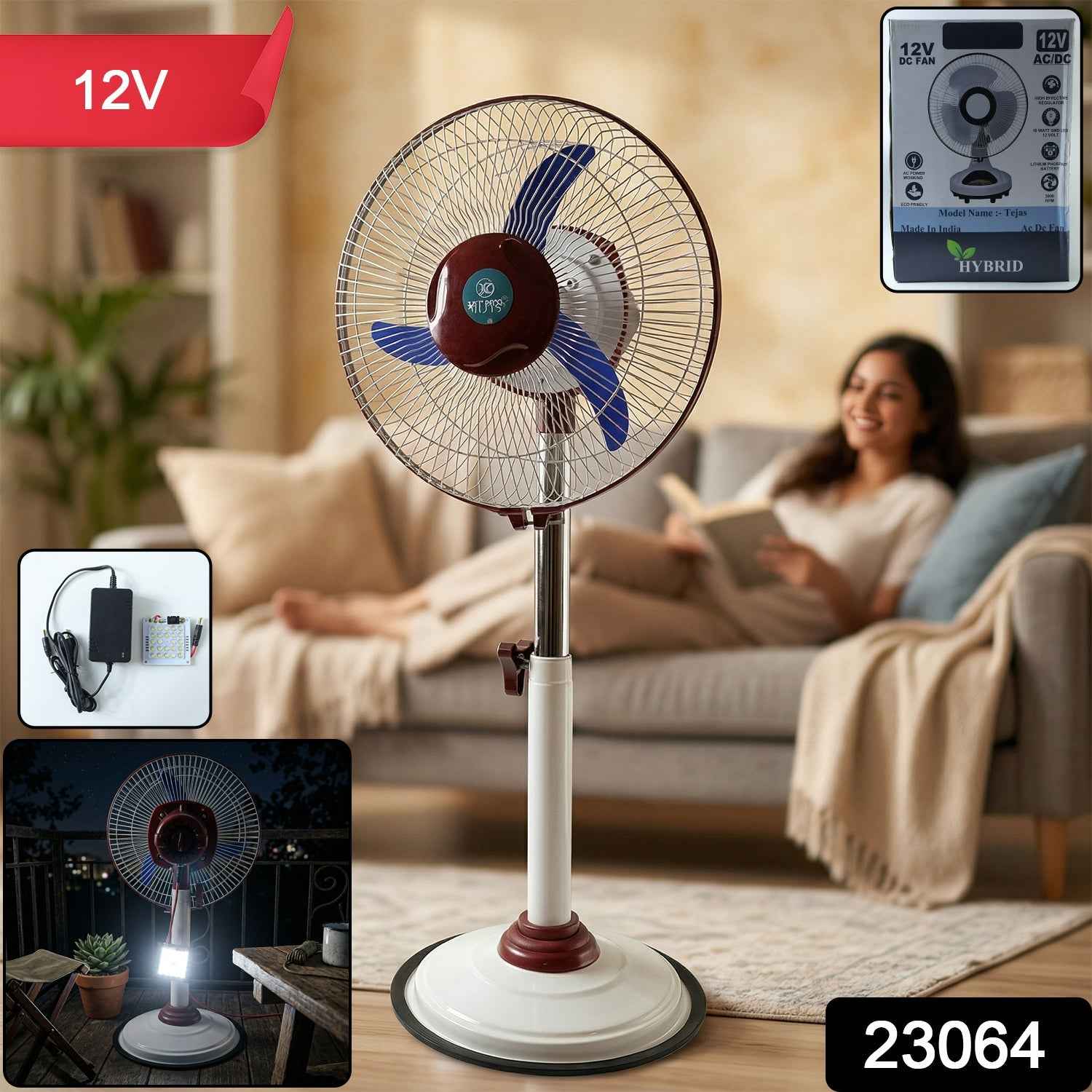 Pedestal Fan – Adjustable Height with LED Light & Rechargeable Power