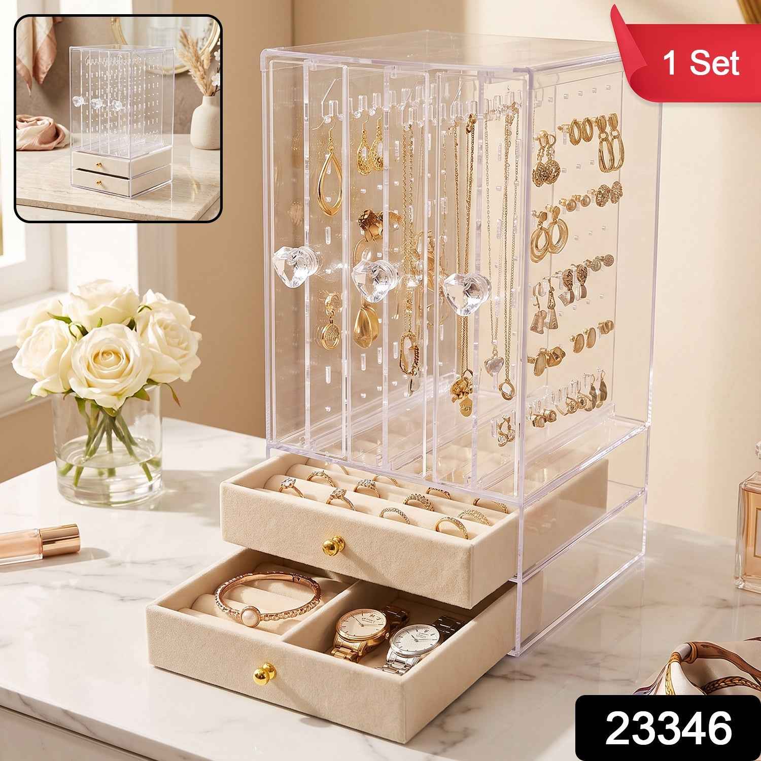 Acrylic Jewelry Organizer Box, 3 Hanging Panels and 2 Drawers for Earrings (1 Set)