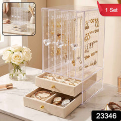 Acrylic Jewelry Organizer Box, 3 Hanging Panels and 2 Drawers for Earrings (1 Set)