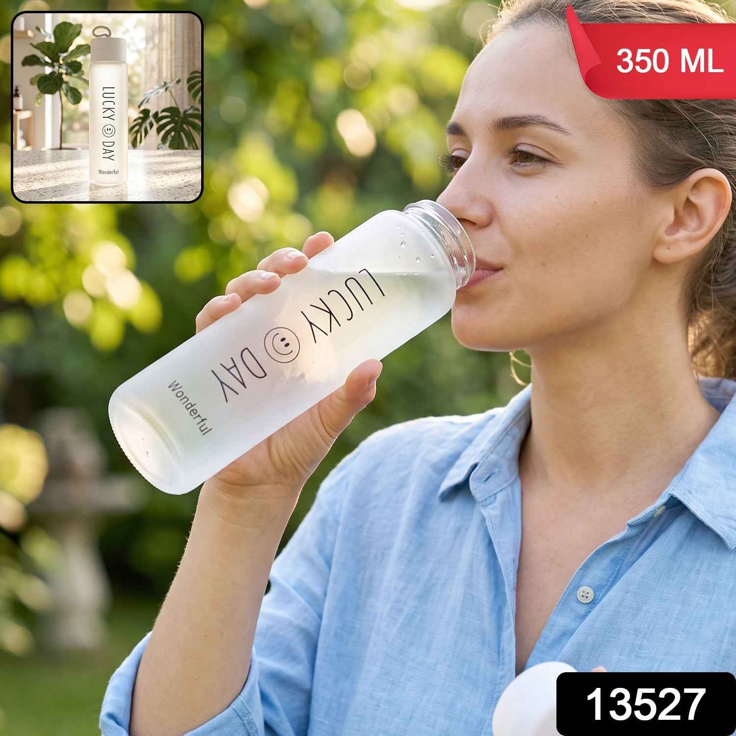 350 ML Frosted Glass Water Bottle Lucky Day Print for Office Travel (1 Pc)