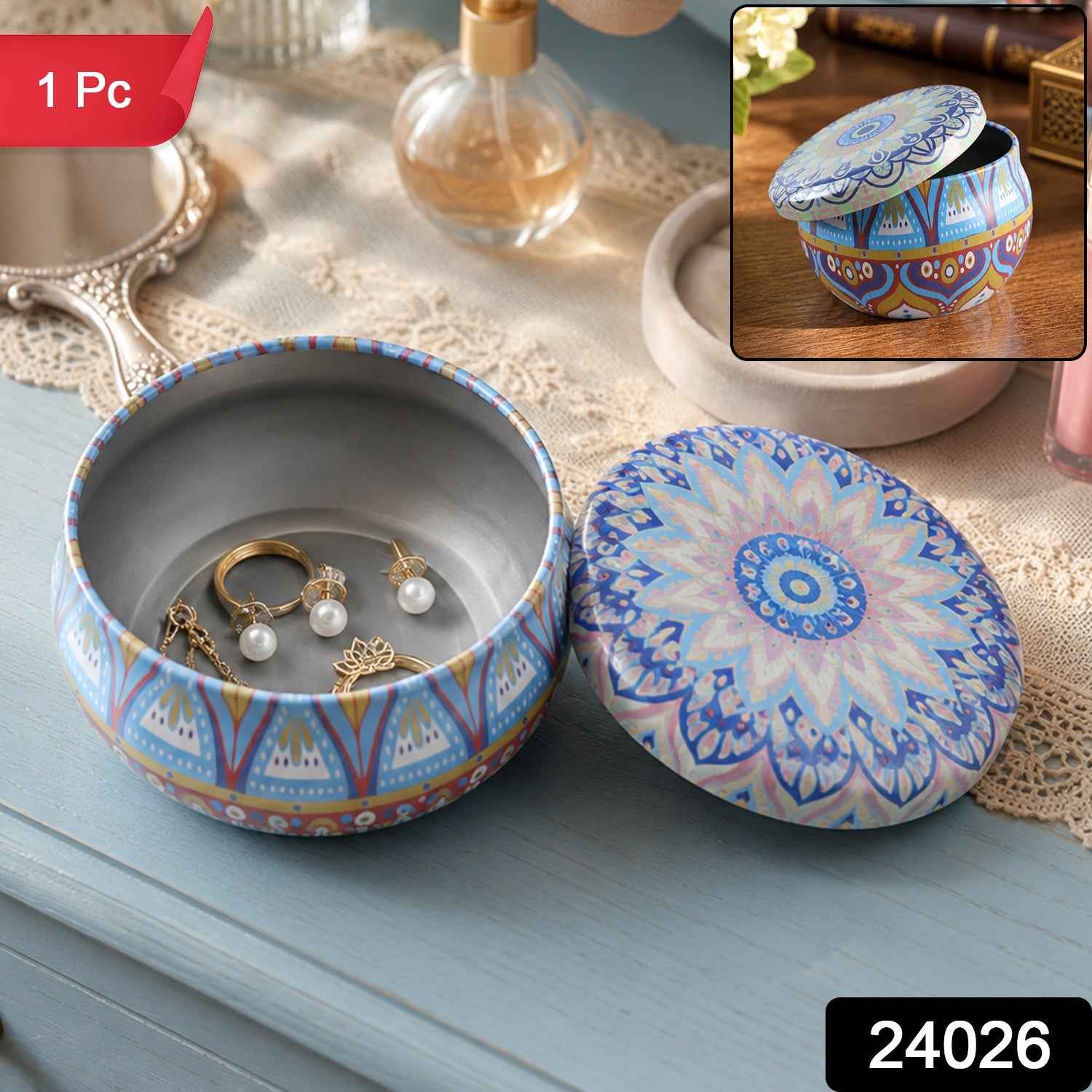 Metal Mandala Tin Box, Decorative Round Container for Candle and Trinkets (1 Pc)