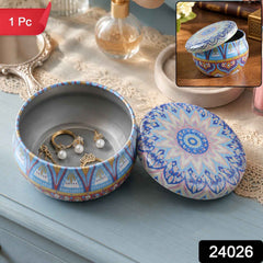Metal Mandala Tin Box, Decorative Round Container for Candle and Trinkets (1 Pc)