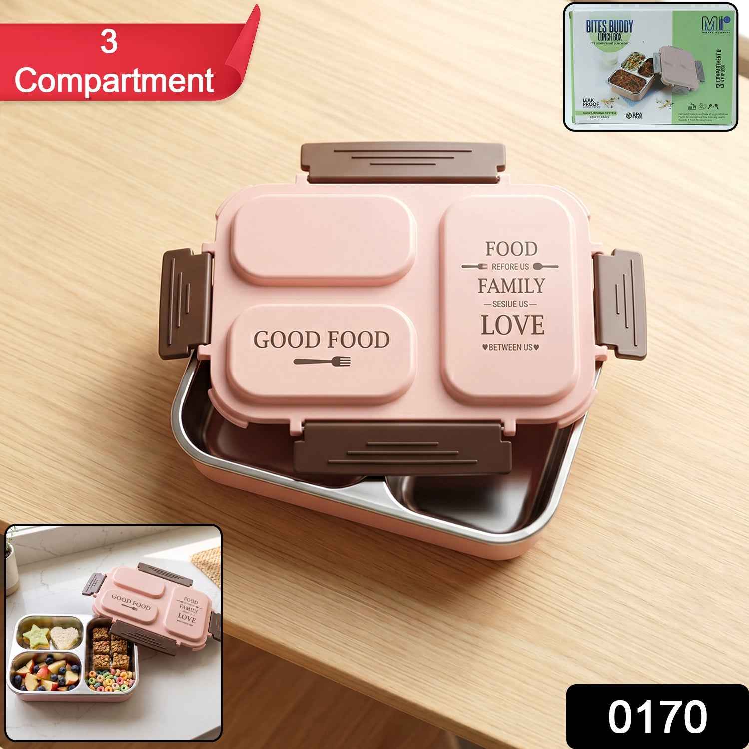 3-Compartment Stainless Steel Lunch Box – Leak-Proof & Durable