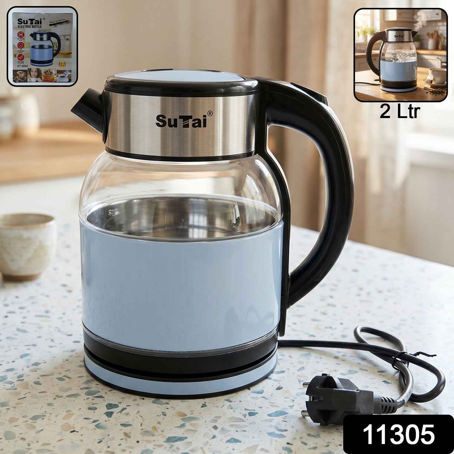 Suta Electric Glass Kettle 2 Litre Stainless Steel Hot Water Boiler for Tea (1 Pc)