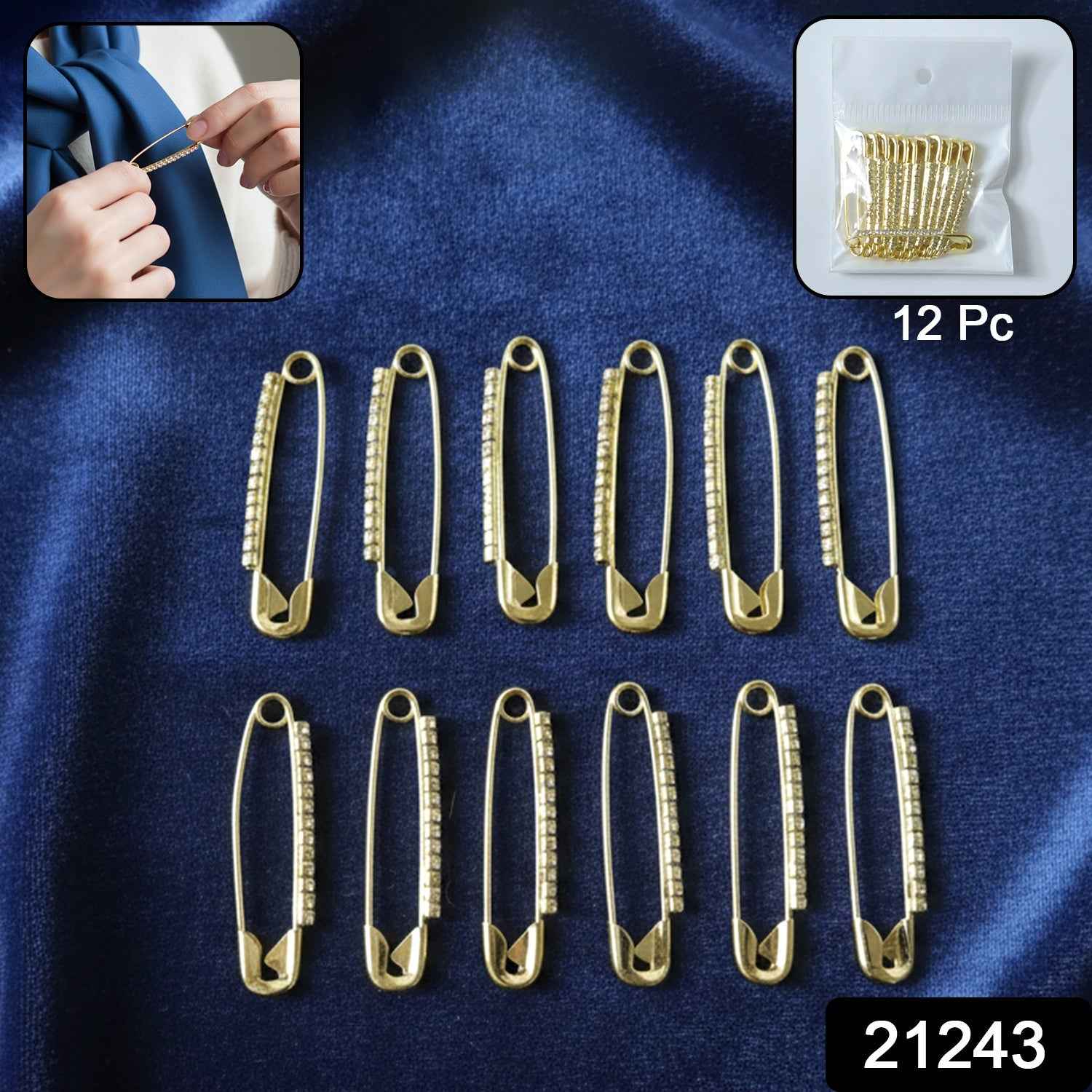 Golden Safety Pin Brooch Set – Elegant Stone-Embedded Design