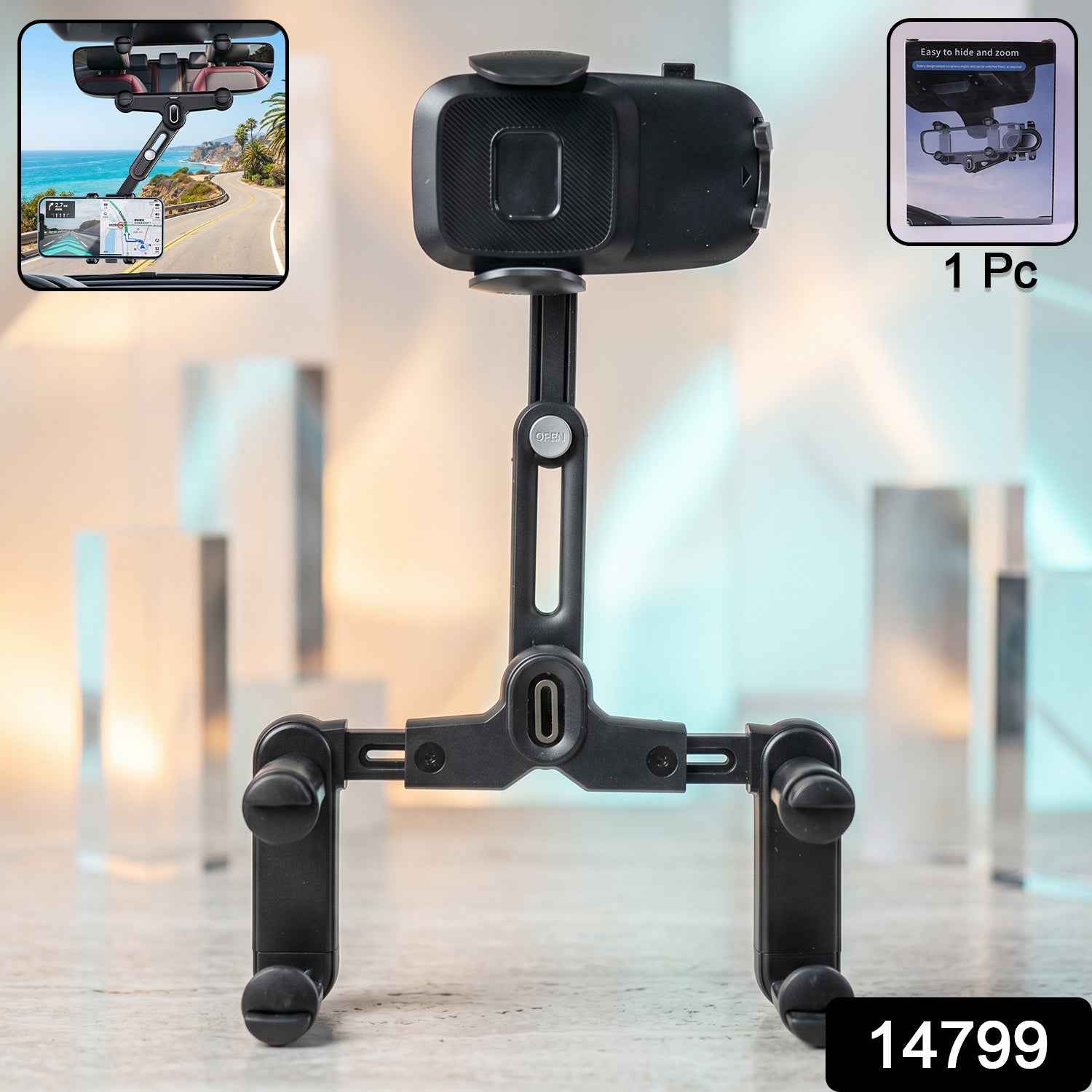 Car Rear View Mirror Phone Holder – 360° Adjustable & Retractable