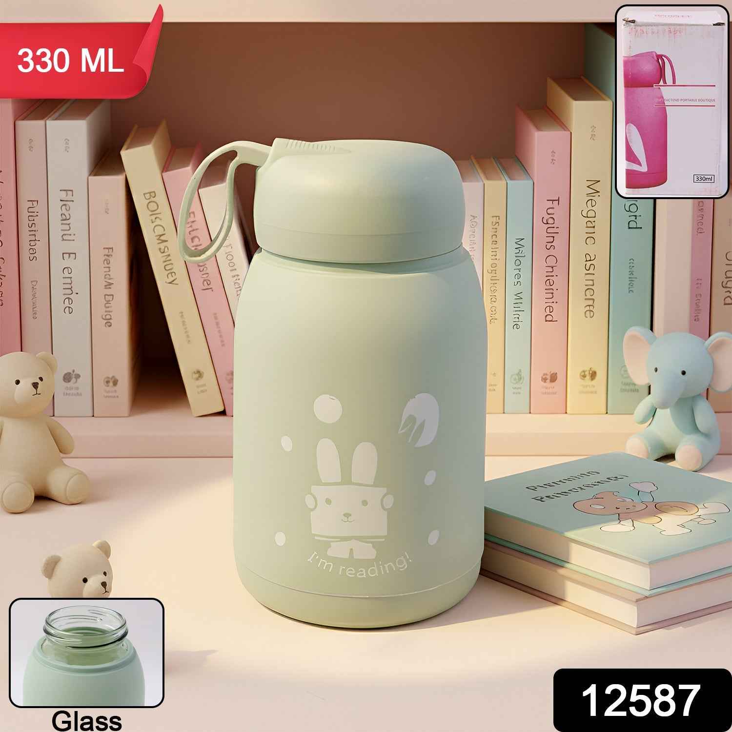 Rabbit Printed Insulated Glass Water Bottle – Leak Proof 330ml