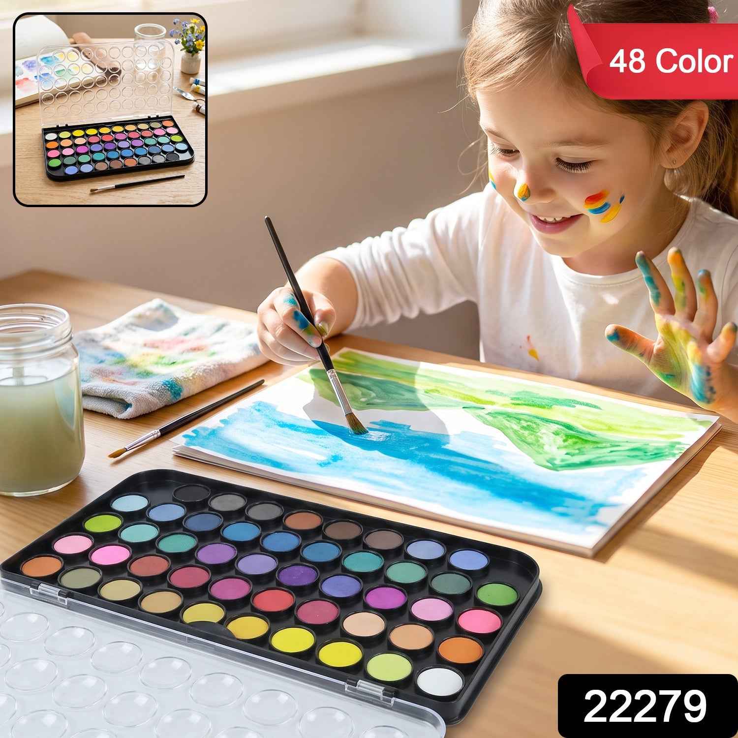 48 Color Solid Watercolor Palette Set with Brush for Art Painting (1 Set)