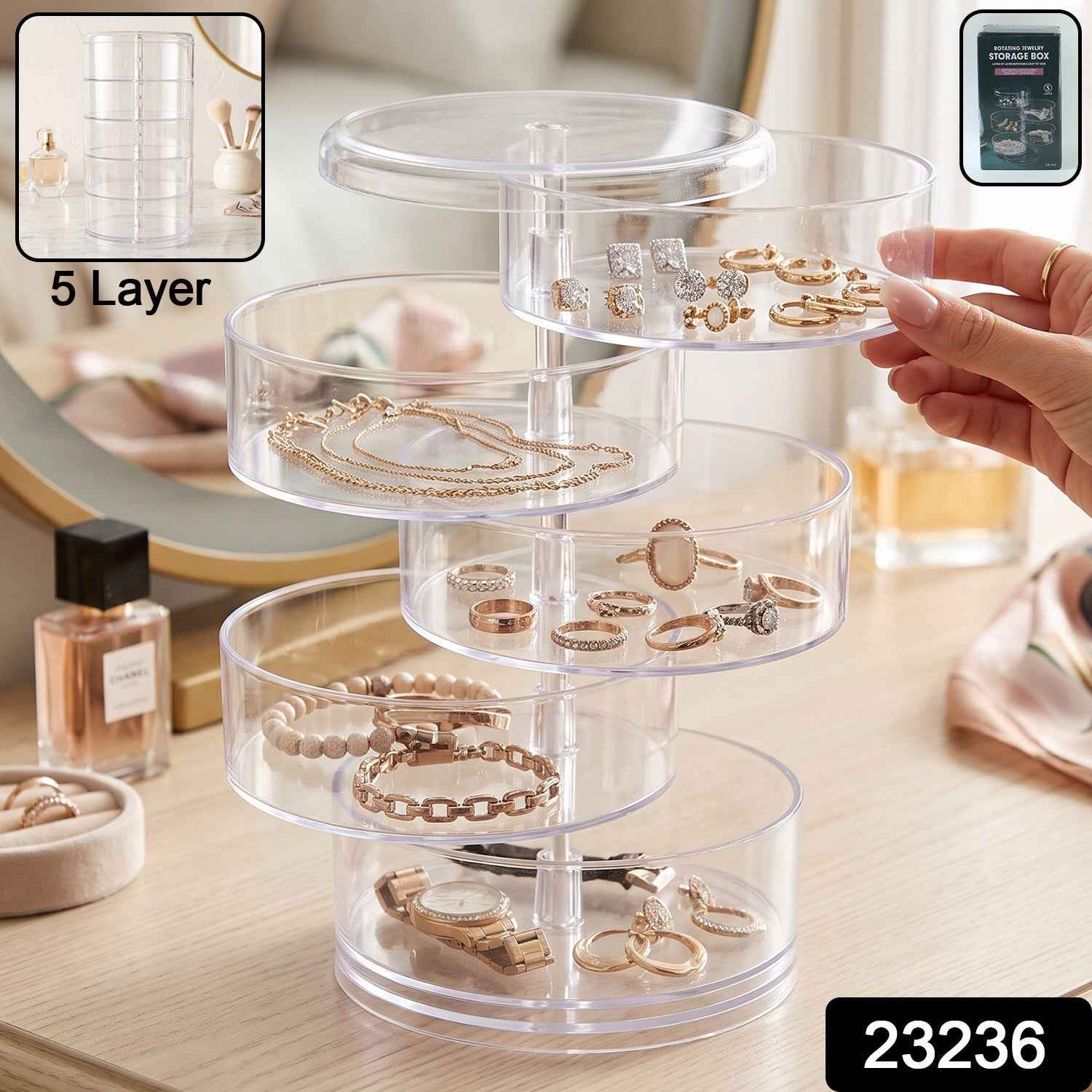 5 Layer Rotating Jewelry Storage Box Organizer for Rings Earrings Watches (1 Pc)