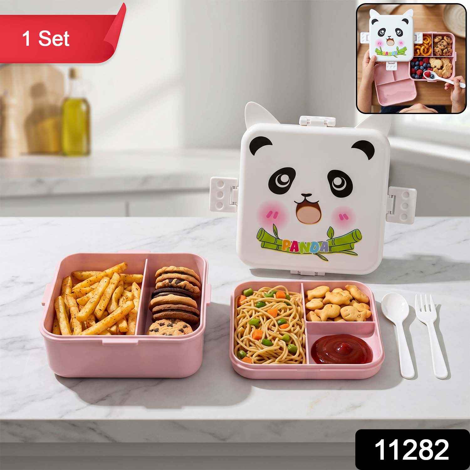 Kids Lunch Box with Compartments Ð Panda Design & Utensils for School & Travel