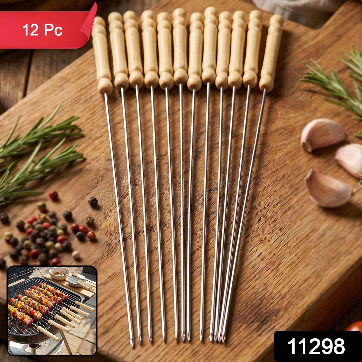 Stainless Steel BBQ Skewers Ð Reusable Grilling Sticks with Wooden Handle