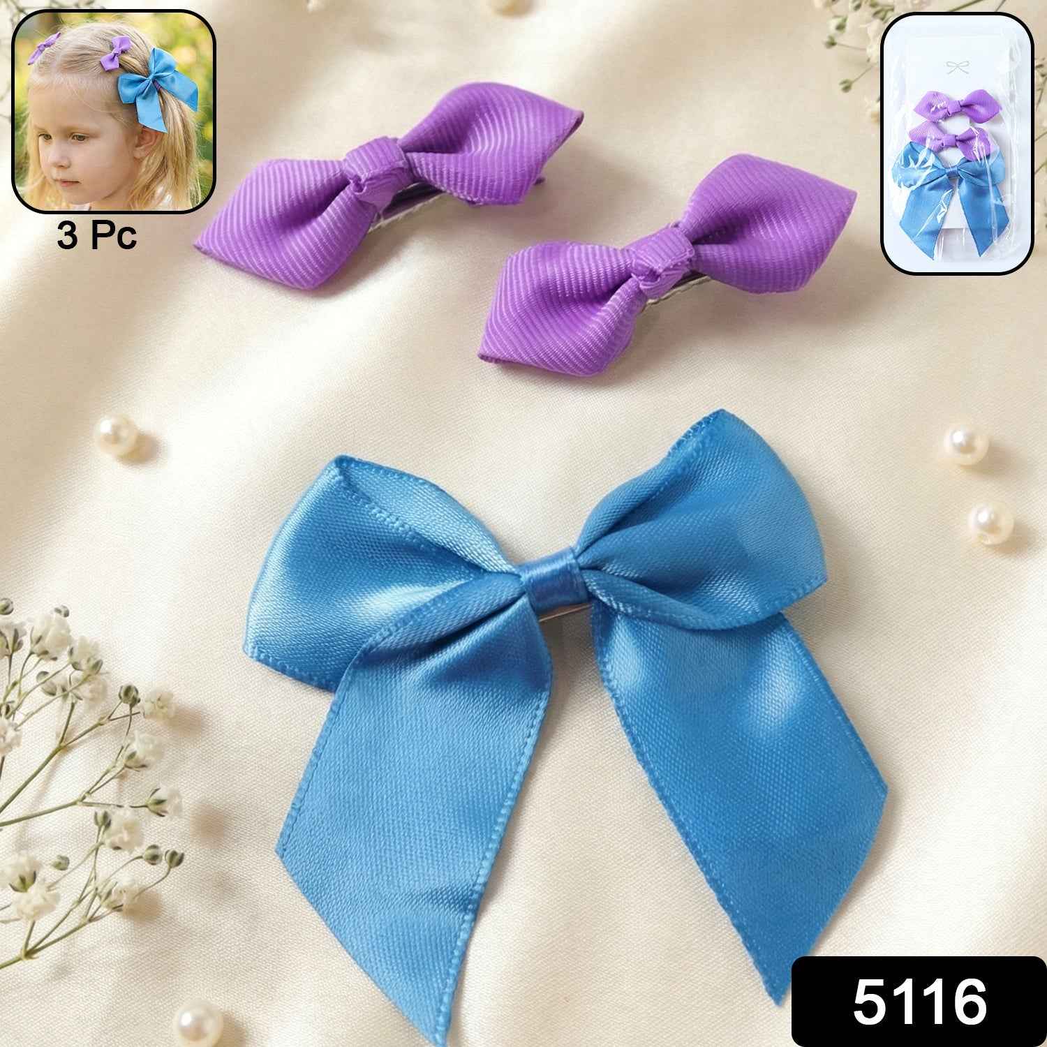 Satin Ribbon Bow Hair Clips – Elegant 3 Pc Girls' Set