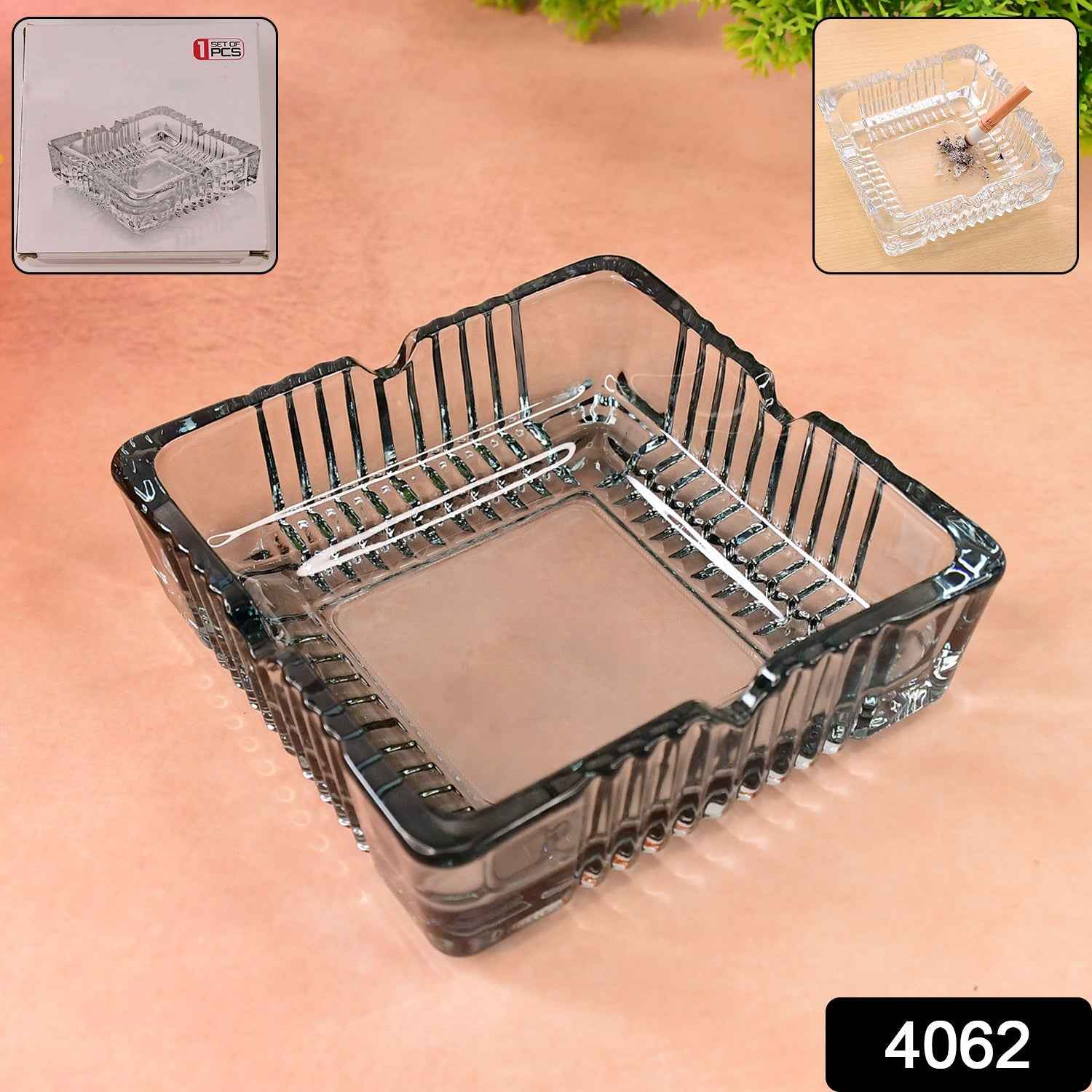 Side view of the square glass ashtray, highlighting its thick, sturdy construction.