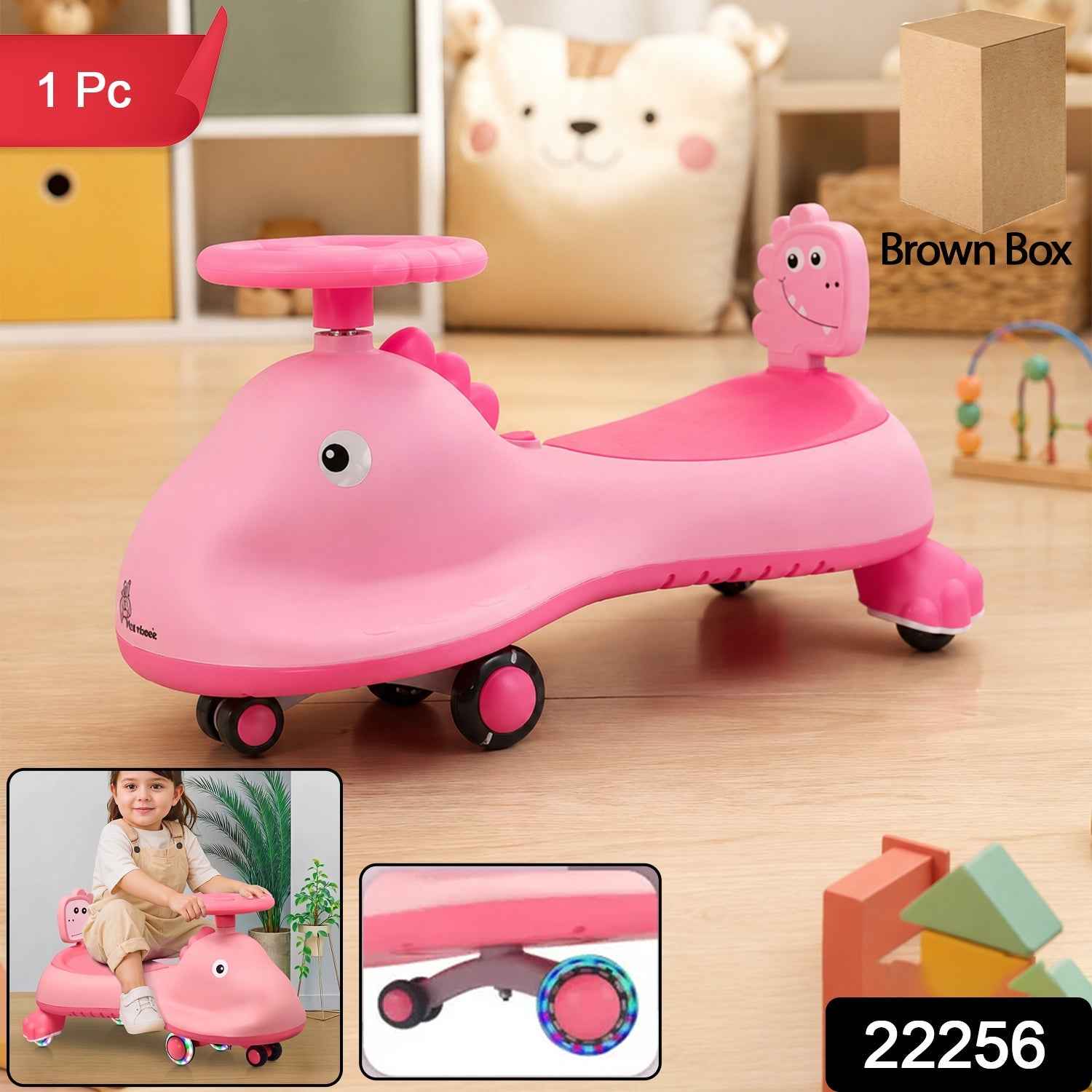 Kids Swing Car Ride On Toy with Music, Pink Shark Design Magic Twist Car (1 Pc)