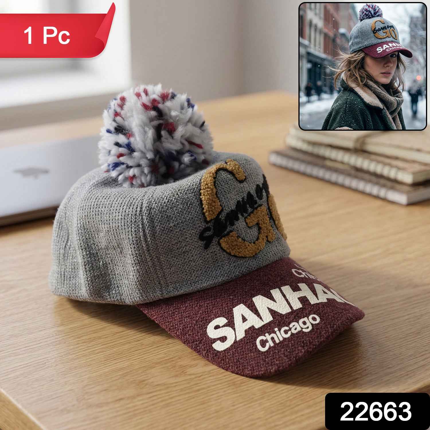 Women's Winter Woolen Baseball Cap – Cozy Pom Pom & Sun Protection
