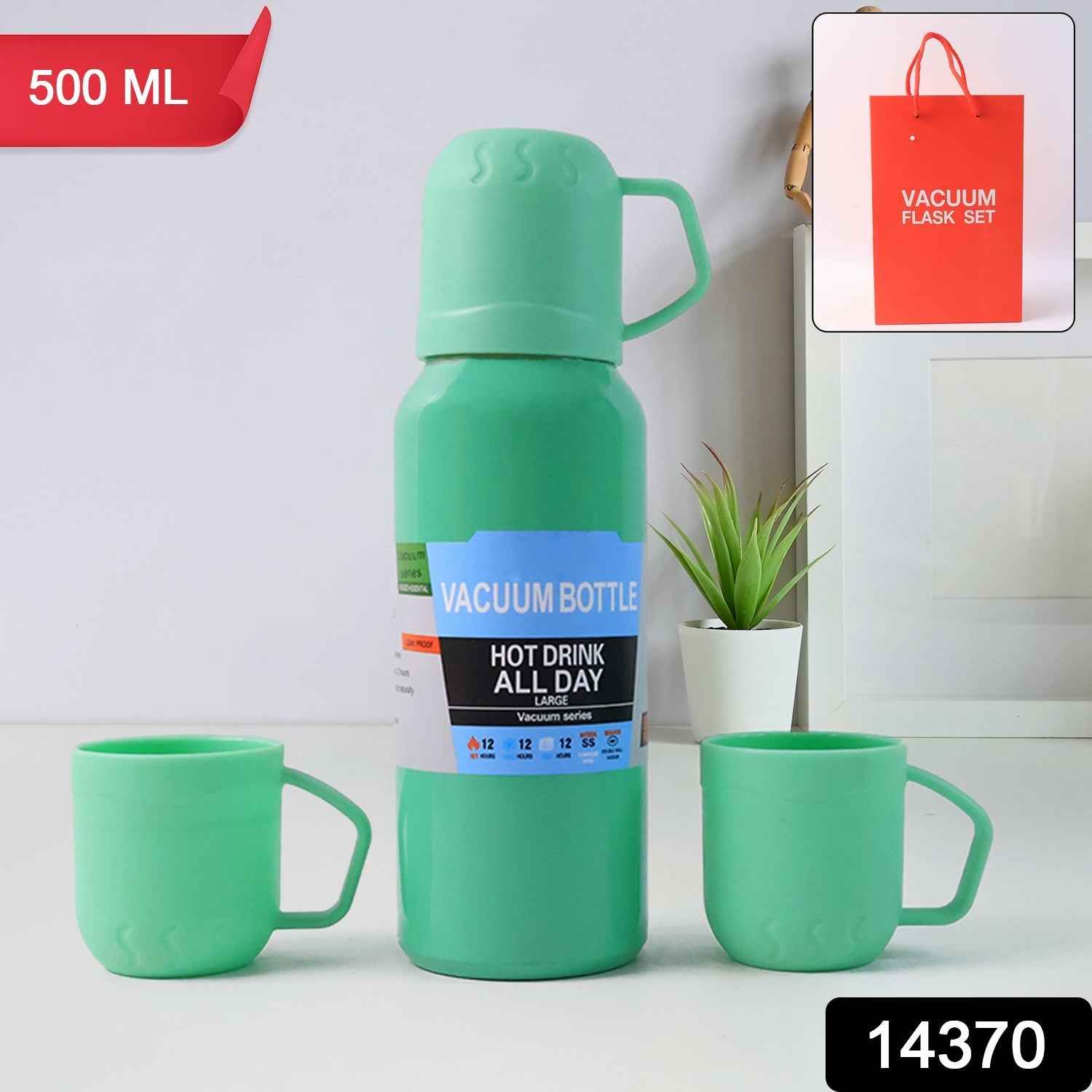 Vacuum Flask Set – Stainless Steel Thermos with 3 Cups, 500ml