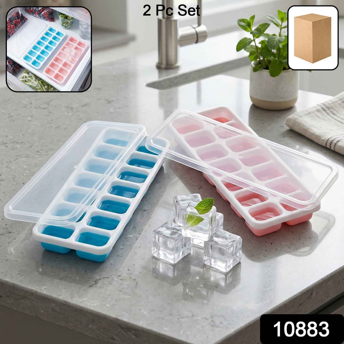 Plastic Ice Cube Tray with Lid Ð Hygienic & Easy Release, Pack of 2