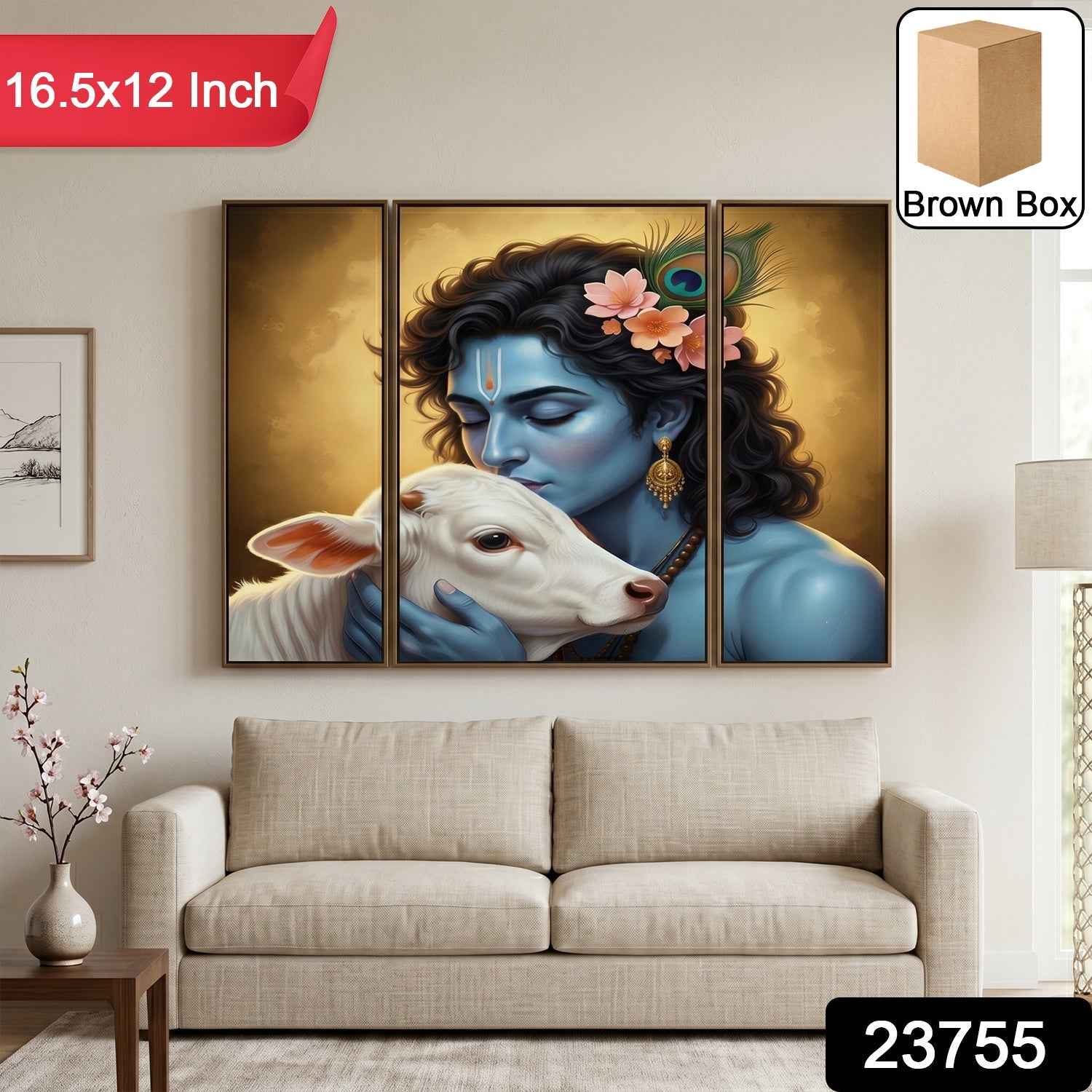Krishna N Cow Wall Art Ð Vibrant 3 Panel MDF Design for Home