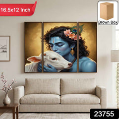 Krishna N Cow Wall Art Ð Vibrant 3 Panel MDF Design for Home