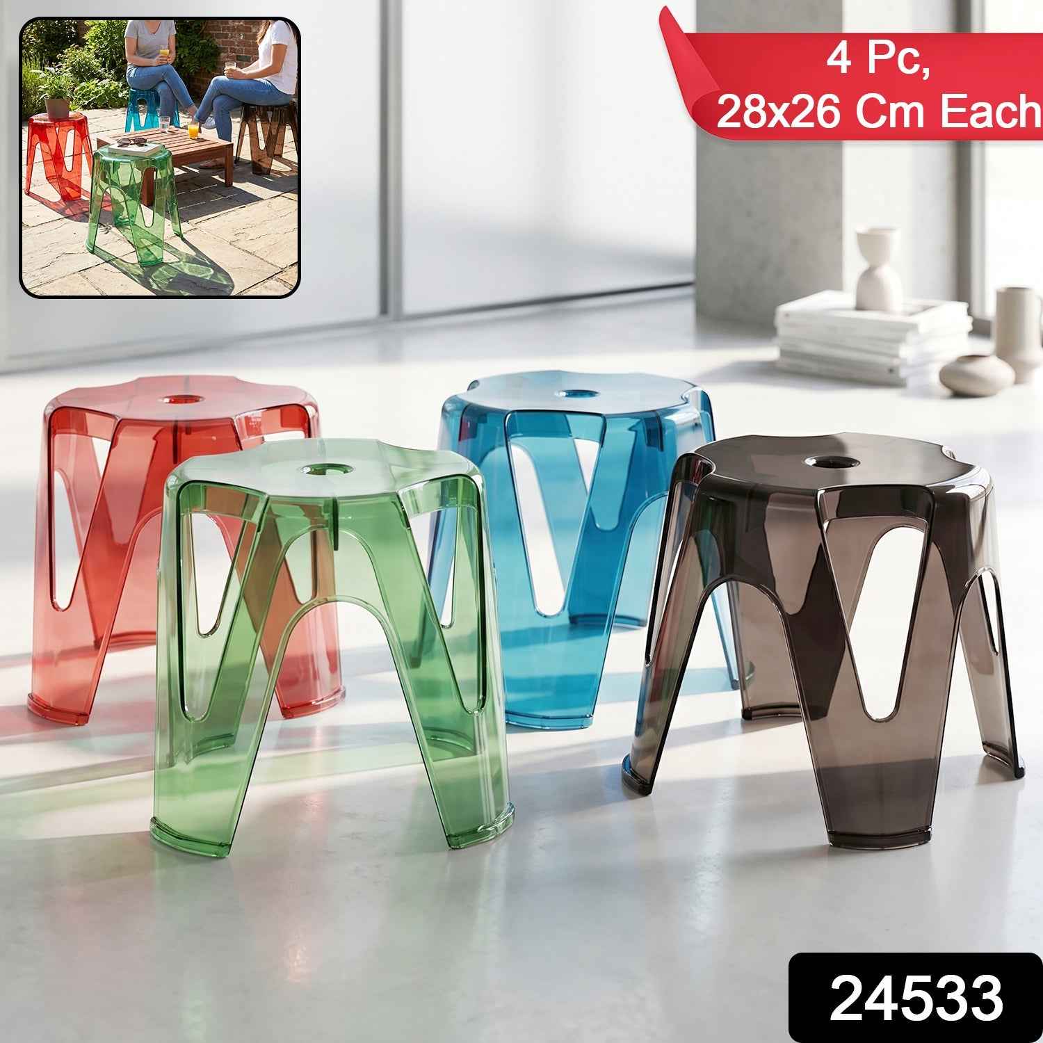 Transparent Plastic Stool Set – Indoor Outdoor Stackable 4 Pc
