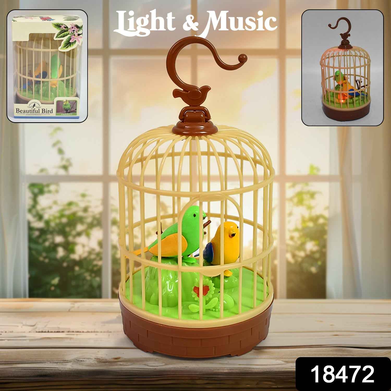 Close-up of the interactive chirping bird toy with flapping wings inside its cage.