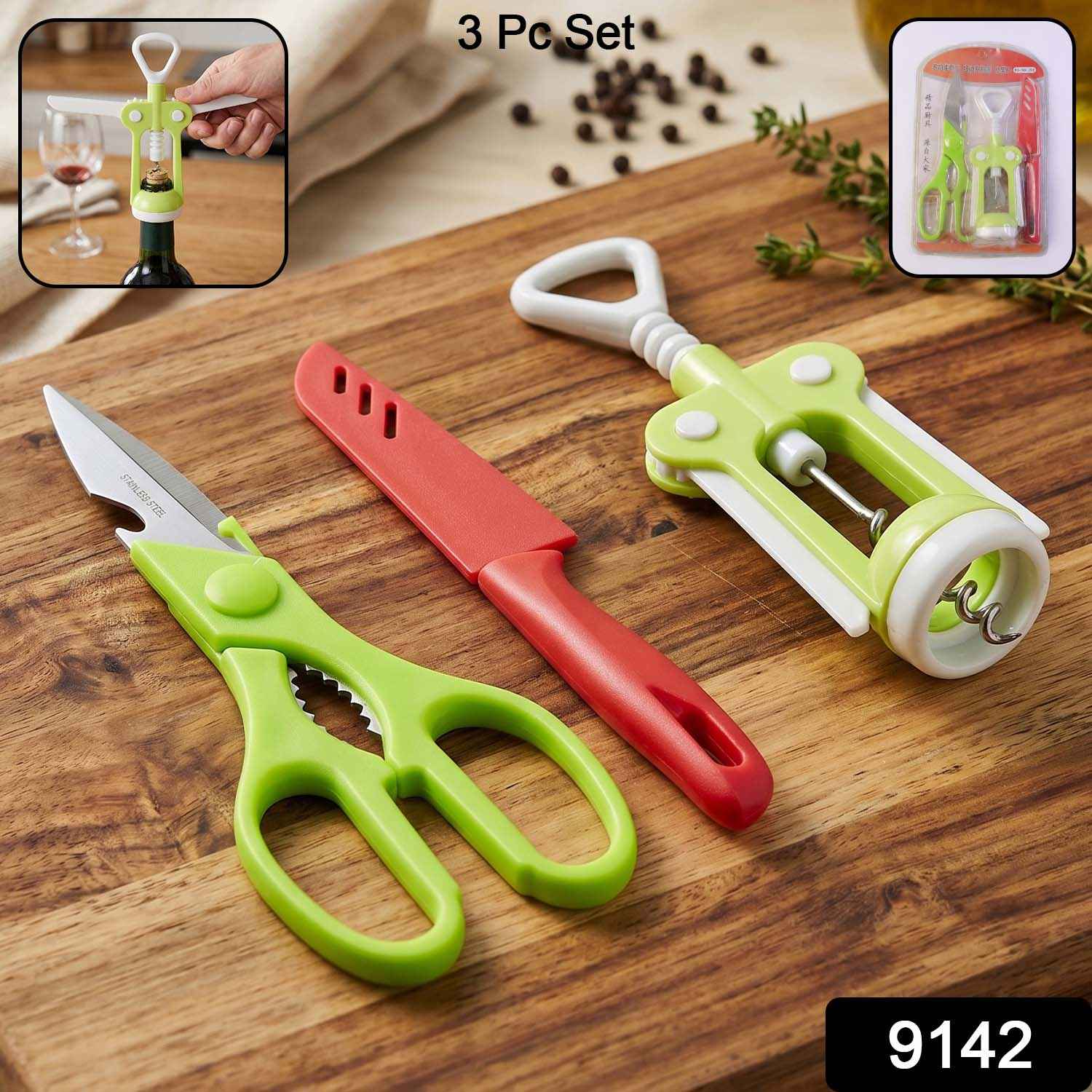 Kitchen Tool Set – 3 Pc Wine Opener, Knife, Scissors | Quickslice