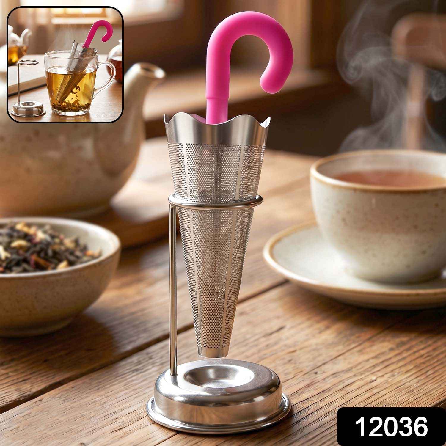 Stainless Steel Tea Strainer – Umbrella Design & Drip Tray | Siplix