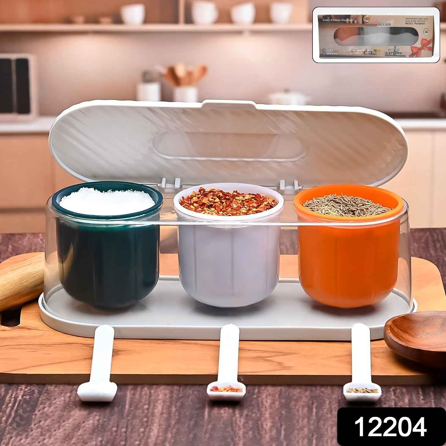 Spice Box – 3-Grid Masala Storage with Spoons | Tidy Table