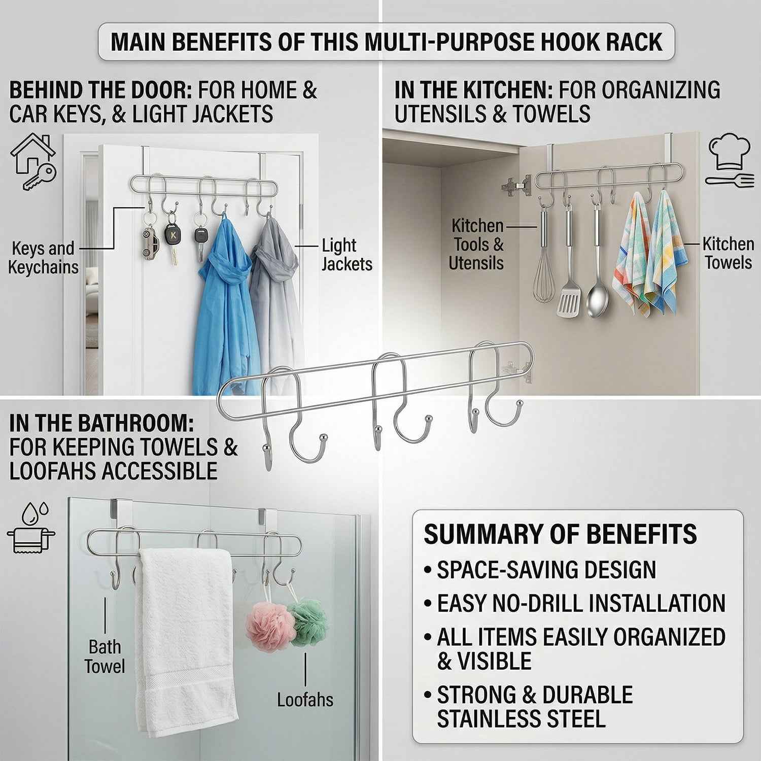 Wall Mounted Metal Hook Rack – Sleek & Heavy Duty Organizer