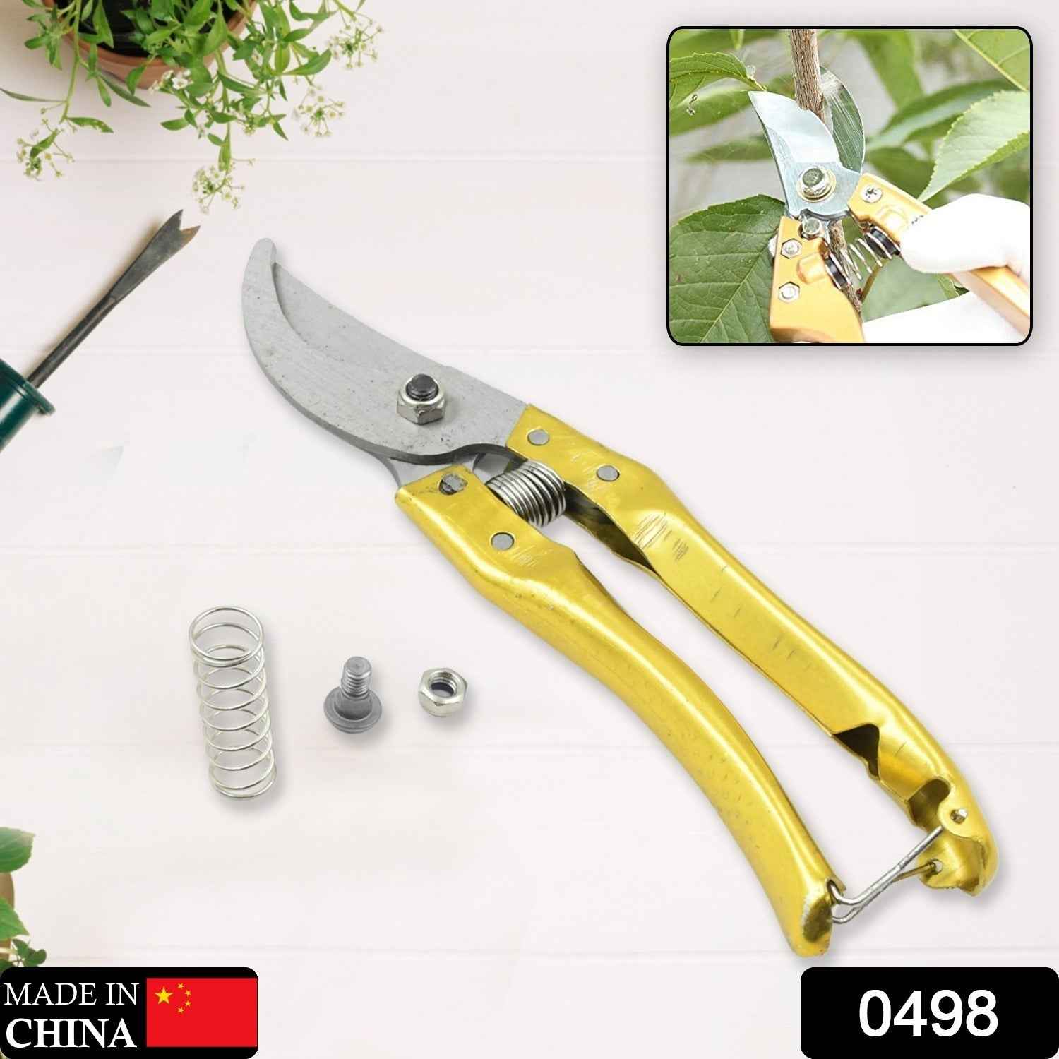 Close-up of the ultra-sharp high carbon steel blades and safety lock on the pruning scissors.