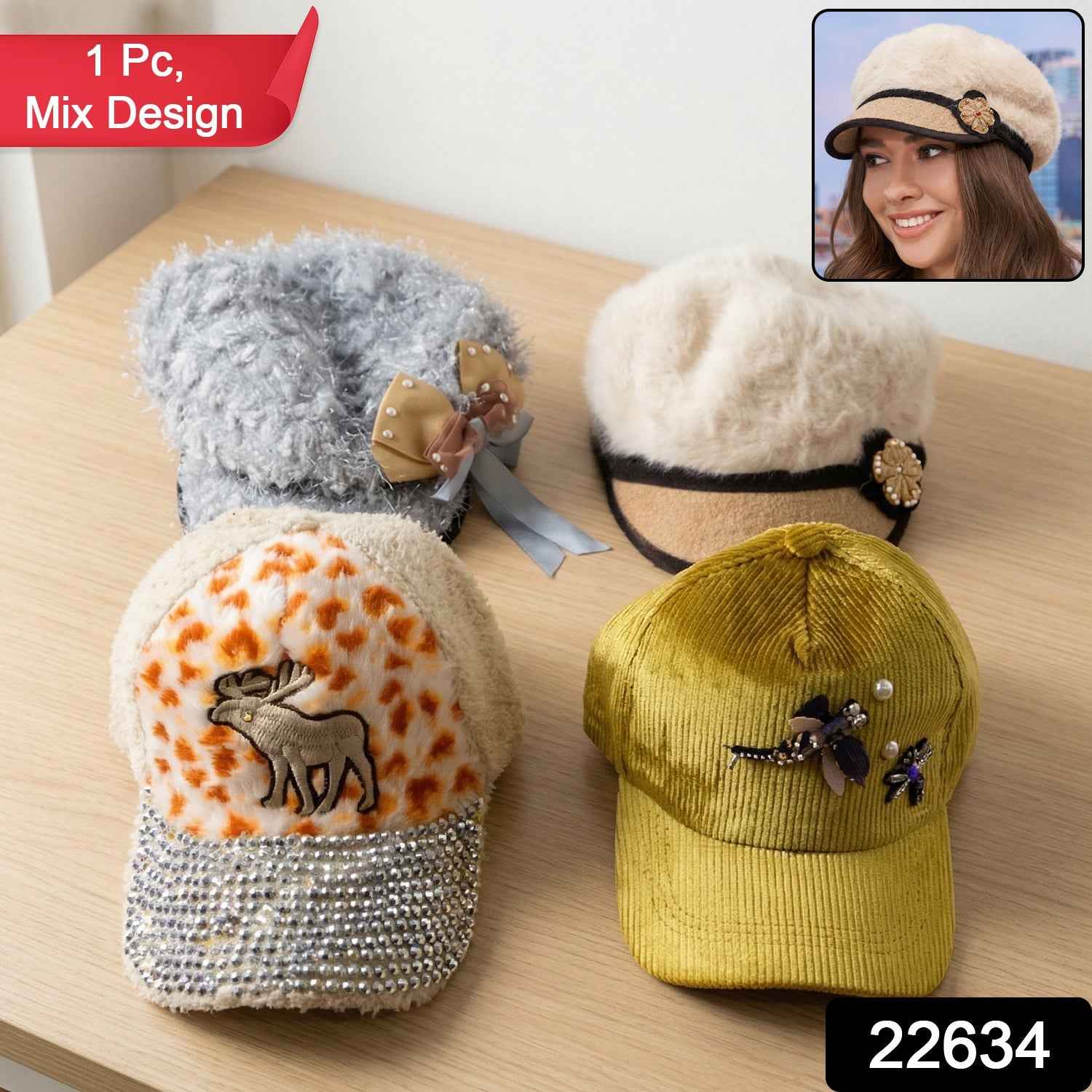 Winter & Summer Designer Cap – Soft Fur with Embroidery for Women