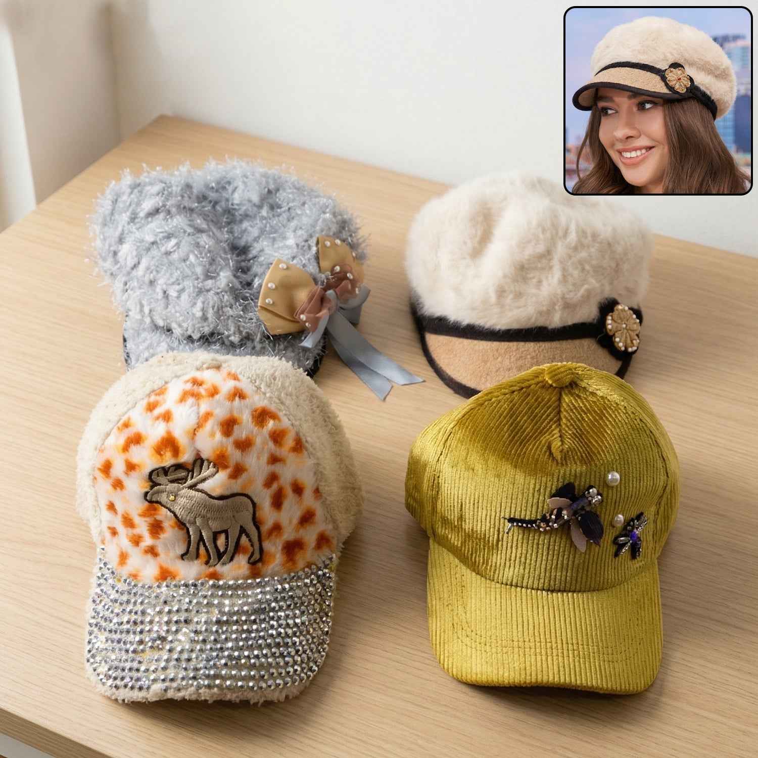 Winter & Summer Designer Cap – Soft Fur with Embroidery for Women