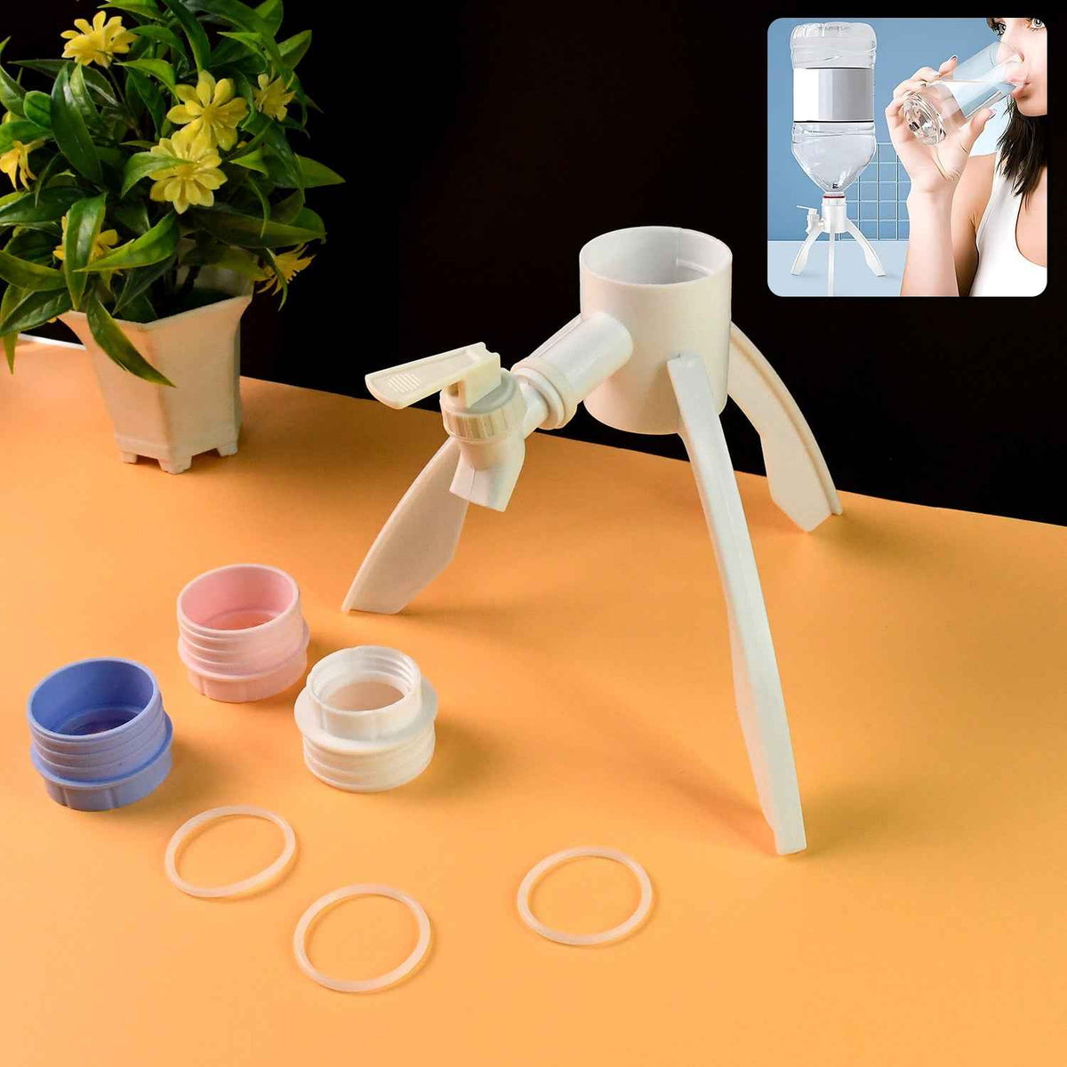 Water Dispenser Stand – Universal Plastic Tap & Foldable Tripod